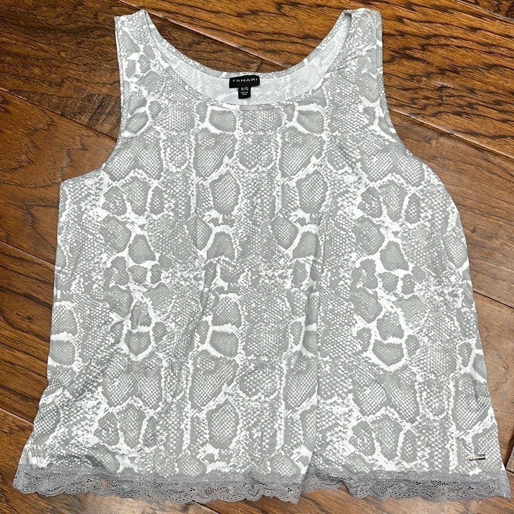TAHARI pajama snake print laced hem tank top